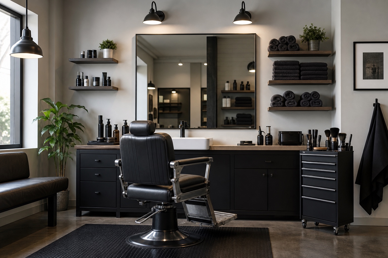 Tidy modern barbershop workstation with chair, mirror, towels, and shelves