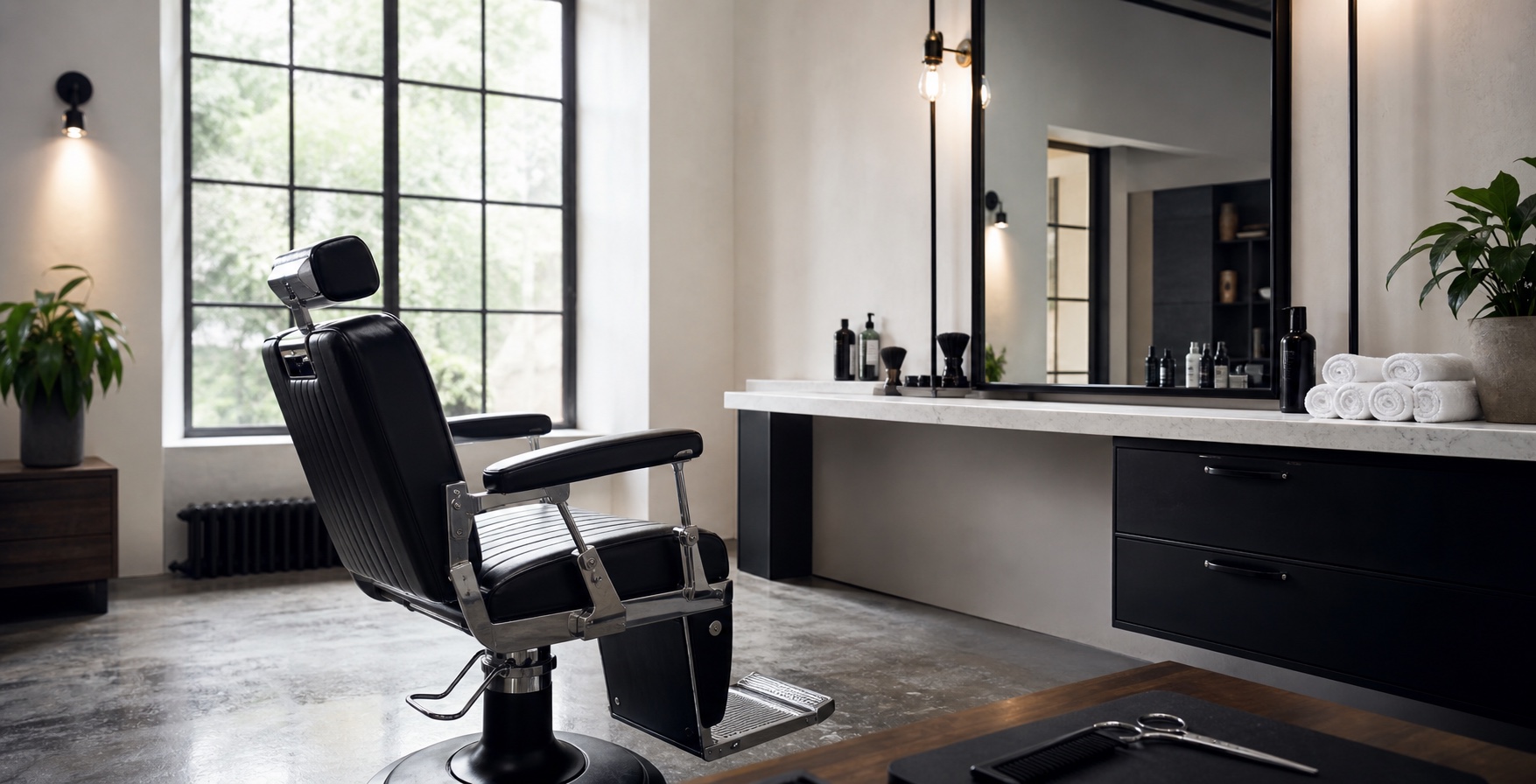 Clean modern barbershop chair and mirror station