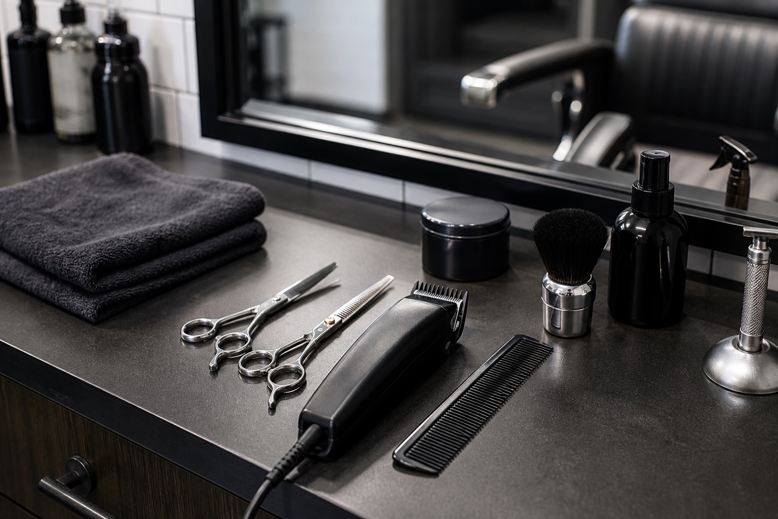 Barbershop tools arranged on a clean workstation